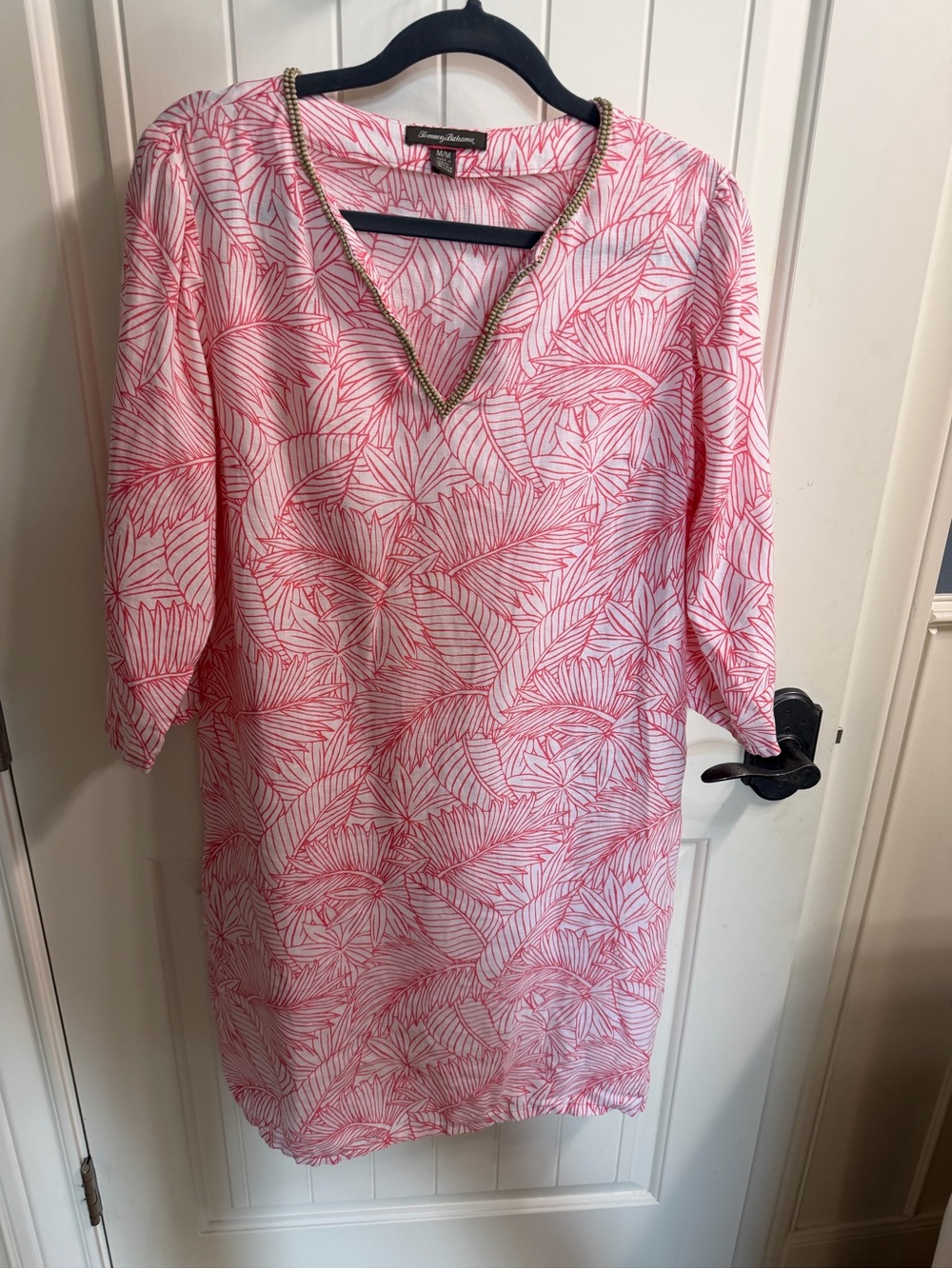Tommy Bahama Coral and White Leaf-Print V-Neck Linen Bead-Trim Tunic